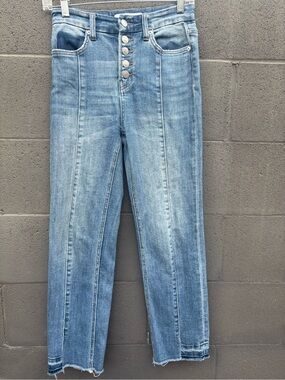 High-Rise Straight Leg Jeans in Light Blue with Button-Fly